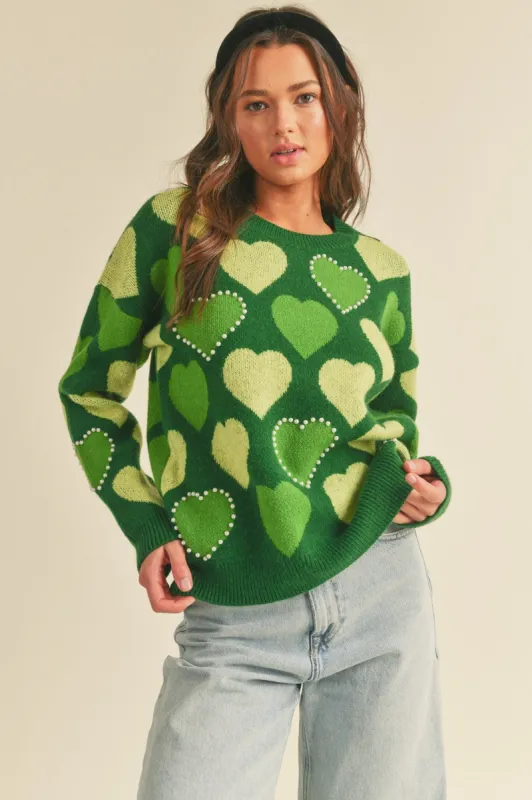 Green Combo Pearl Embellished Heart Sweater sold by Pinkblush