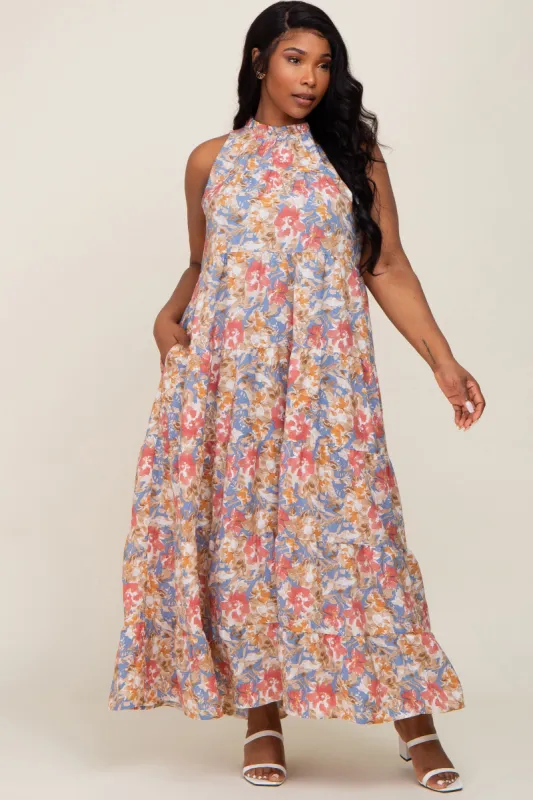 Blue Floral Ruffle Mock Neck Tiered Plus Maxi Dress sold by Pinkblush