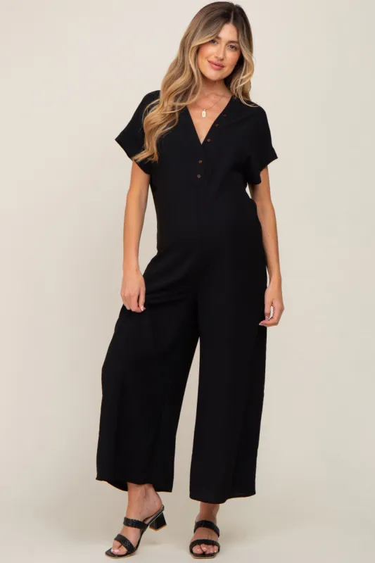 Black Front Button Accent Maternity Jumpsuit sold by Pinkblush