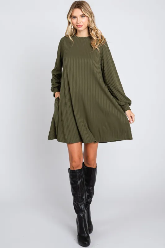 Olive Ribbed Mock Neck Long Sleeve Dress sold by Pinkblush