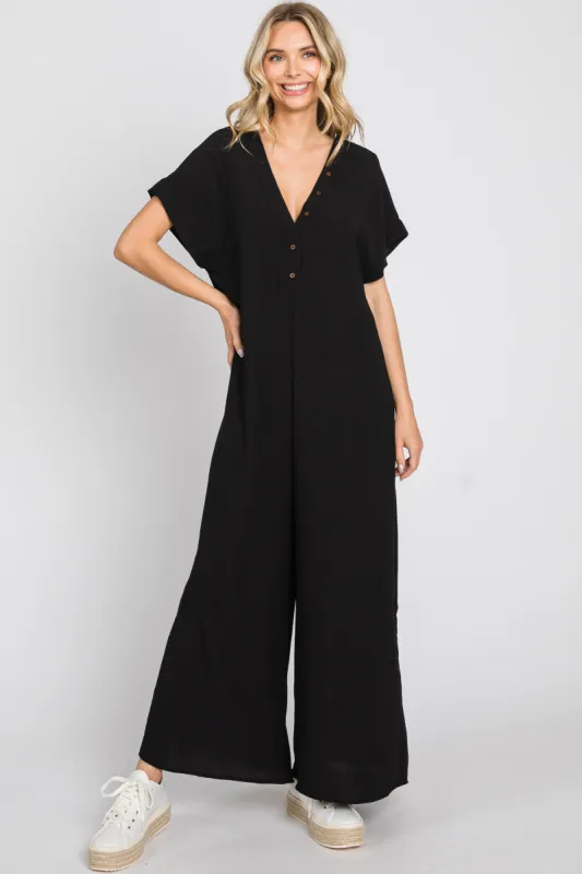 Black Front Button Accent Jumpsuit sold by Pinkblush