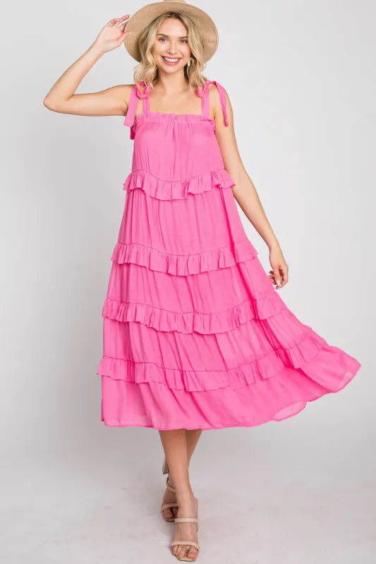 Fuchsia Ruffle Tiered Midi Dress sold by Pinkblush