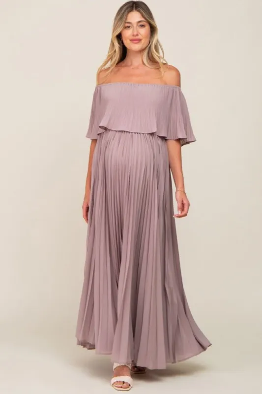 Taupe Pleated Layered Off Shoulder Maternity Maxi Dress sold by Pinkblush