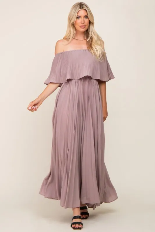 Taupe Pleated Layered Off Shoulder Maxi Dress sold by Pinkblush