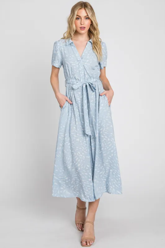 Blue Printed V-Neck Collared Midi Dress sold by Pinkblush
