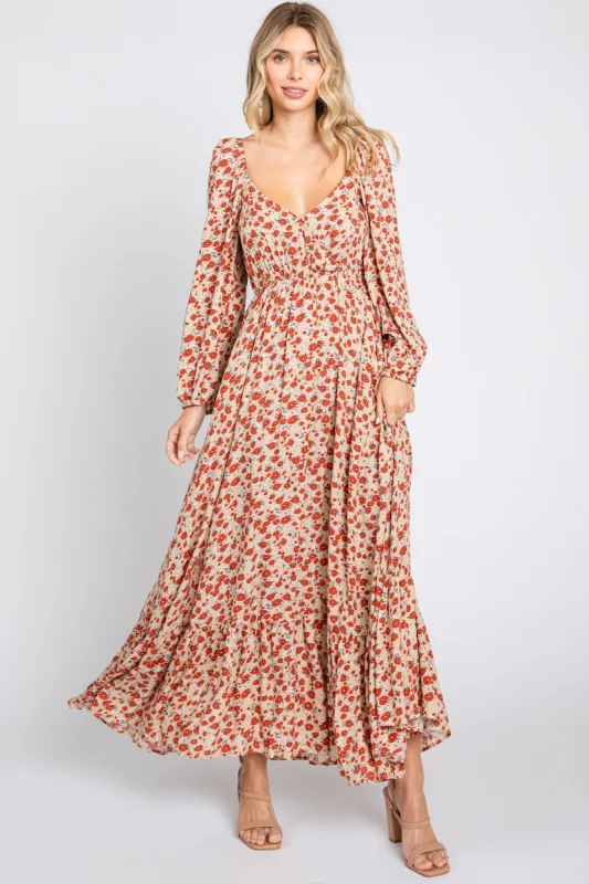 Beige Floral Square Neck Ruffle Maxi Dress sold by Pinkblush
