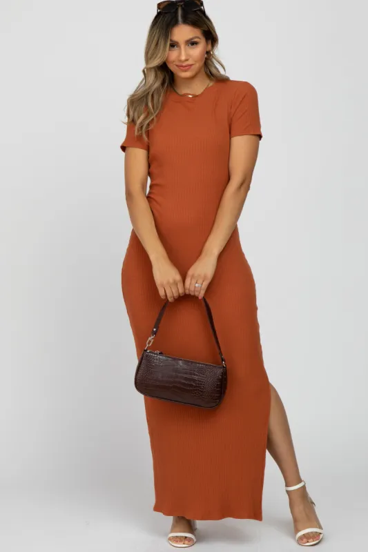 Rust Ribbed Side Slit Maxi Dress sold by Pinkblush