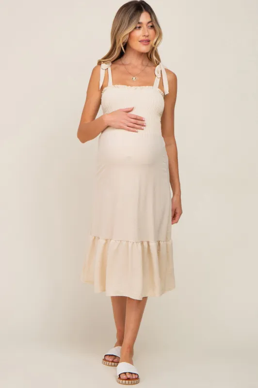 Cream Smocked Shoulder Tie Maternity Midi Dress sold by Pinkblush
