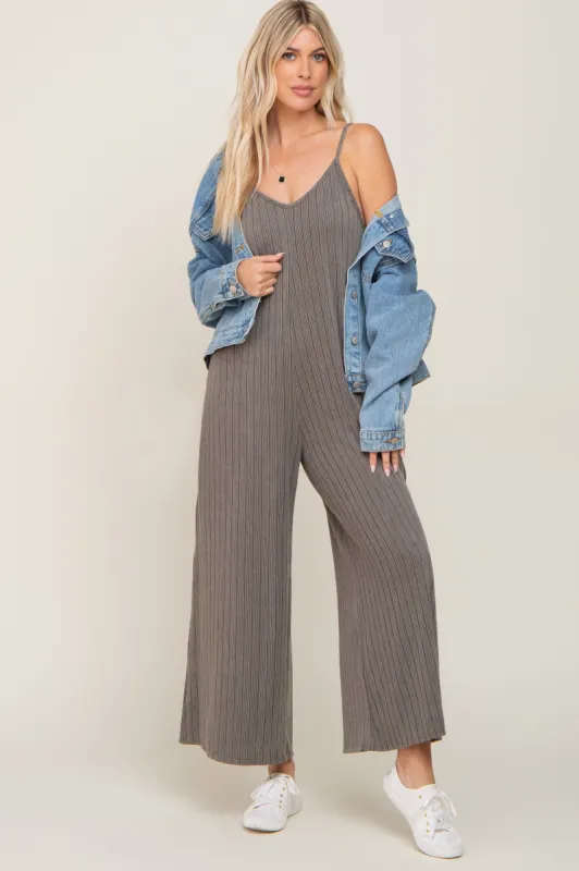 Olive Rib Knit Wide Leg Jumpsuit sold by Pinkblush