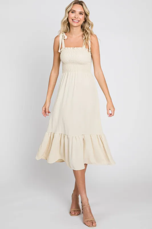 Cream Smocked Shoulder Tie Midi Dress sold by Pinkblush
