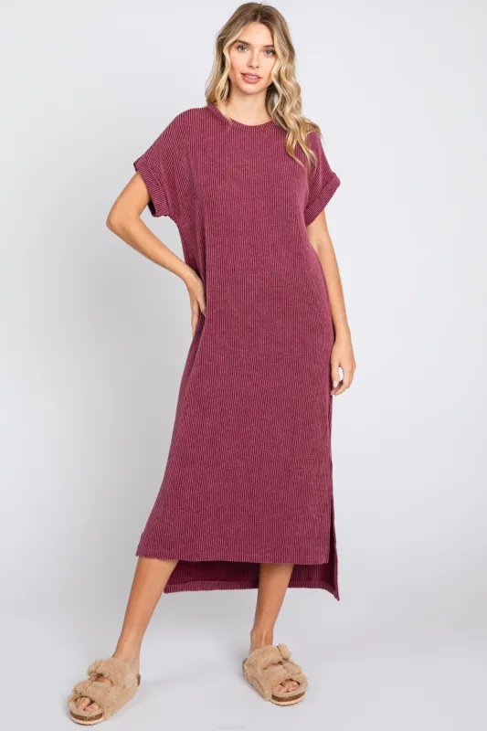 Plum Ribbed Short Sleeve Midi Dress sold by Pinkblush