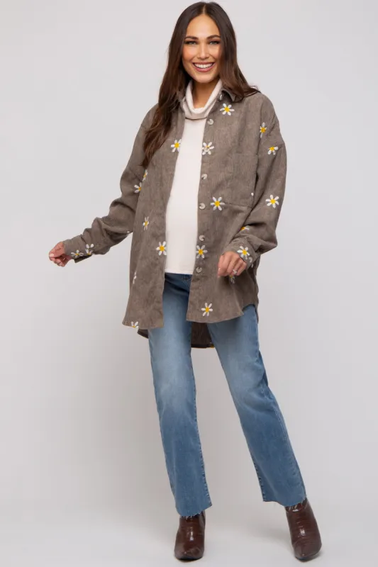 Mocha Corduroy Floral Button Front Collared Maternity Top sold by Pinkblush