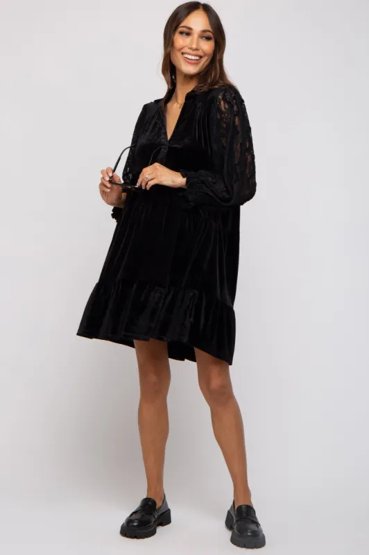 Black Velvet Lace Sleeve Collared Tiered Maternity Dress sold by Pinkblush