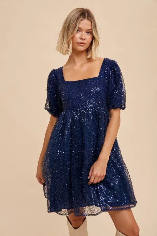 Navy Blue Sequin Pearl Embellished Square Neck Babydoll Dress sold by Pinkblush