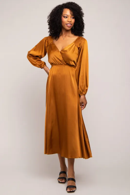 Mocha Satin Wrap Top Midi Dress sold by Pinkblush