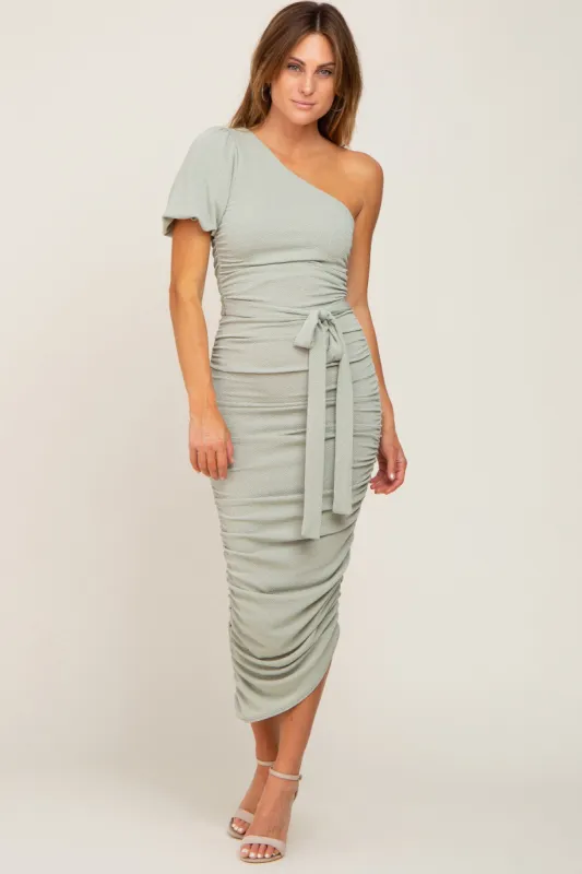 Light Olive Textured One Shoulder Ruched Dress sold by Pinkblush