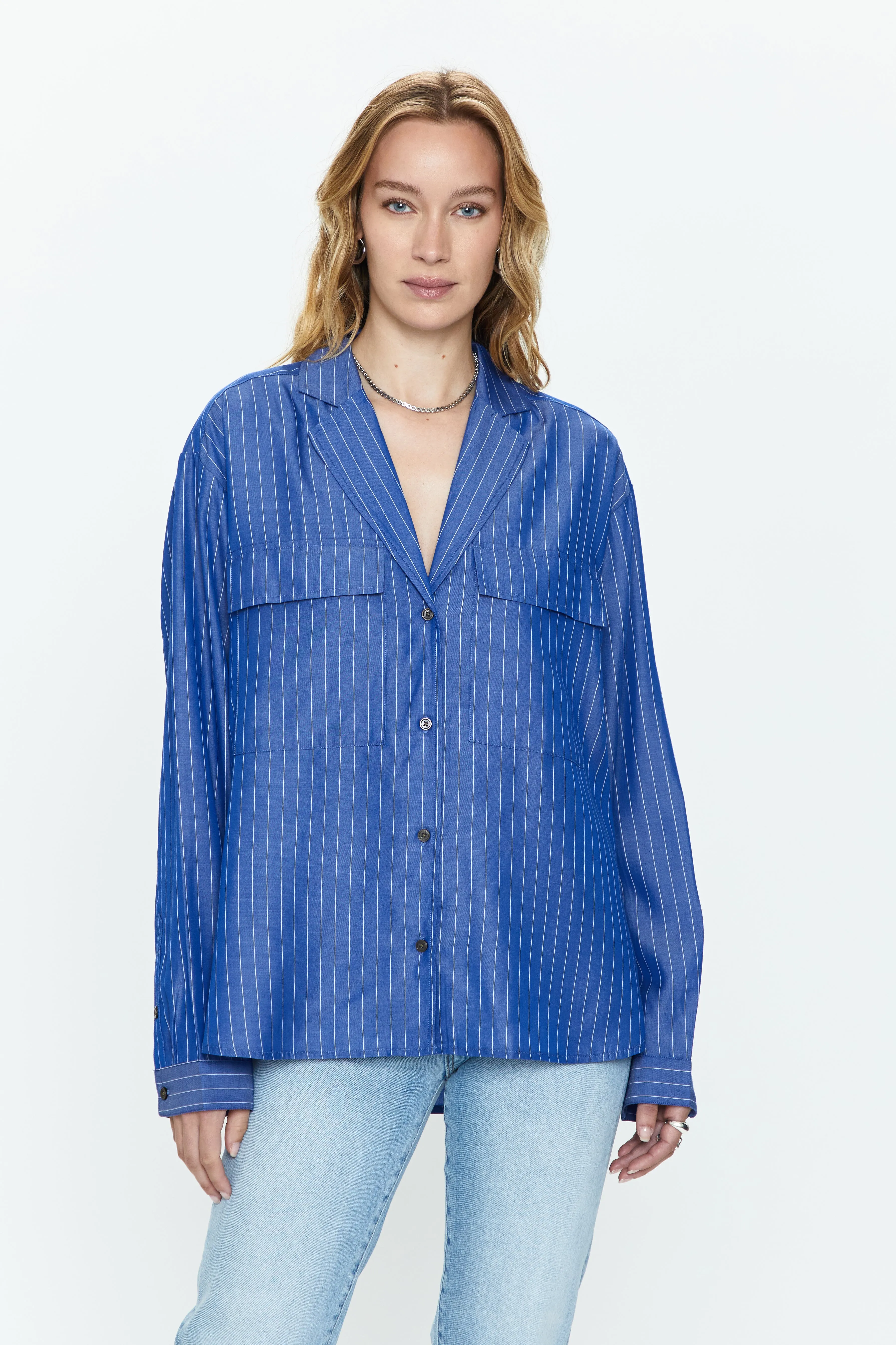 Irene Effortless Button Down Shirt - Dark Blue Pinstripe sold by pistola