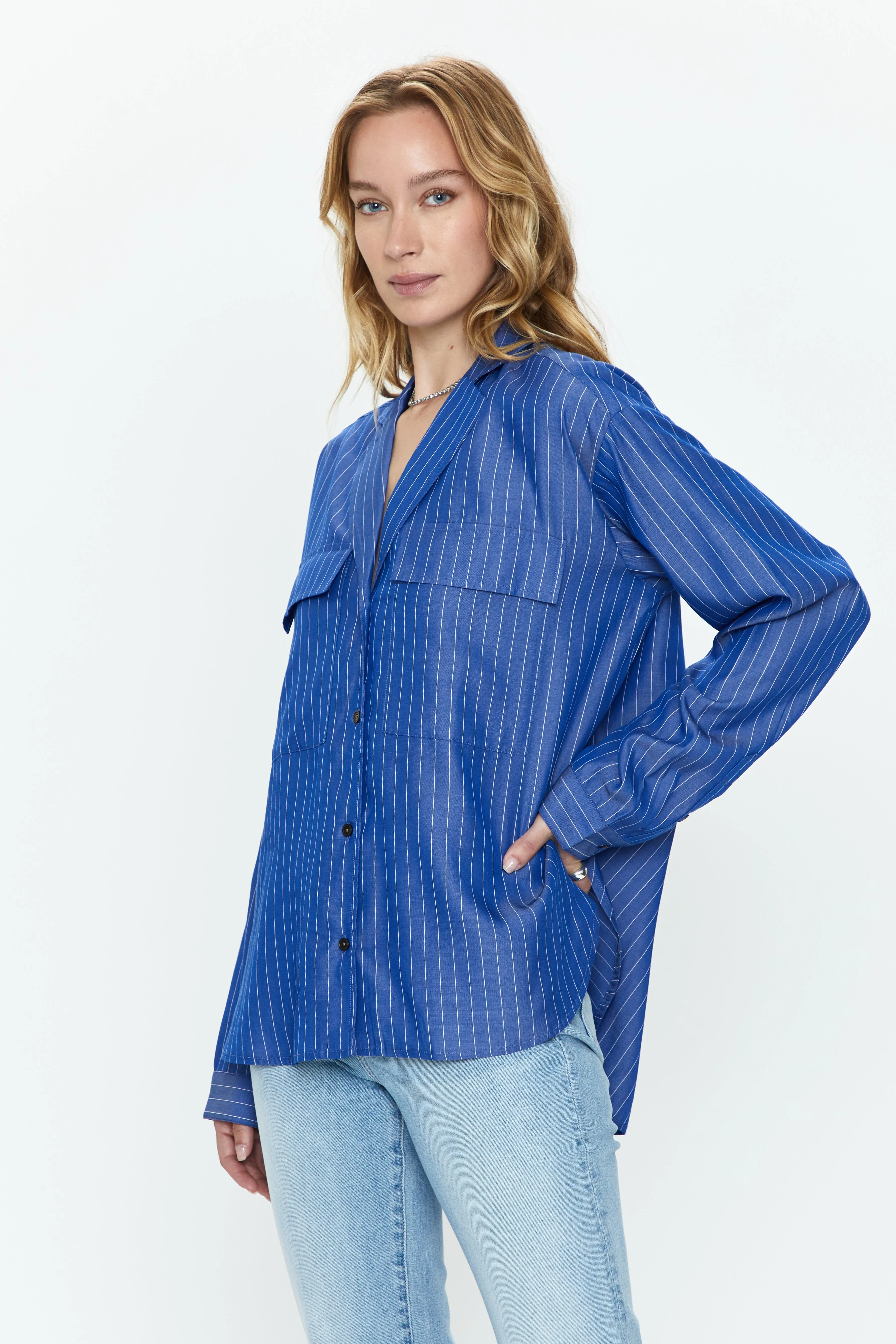 Irene Effortless Button Down Shirt - Dark Blue Pinstripe sold by pistola product image thumbnail 3