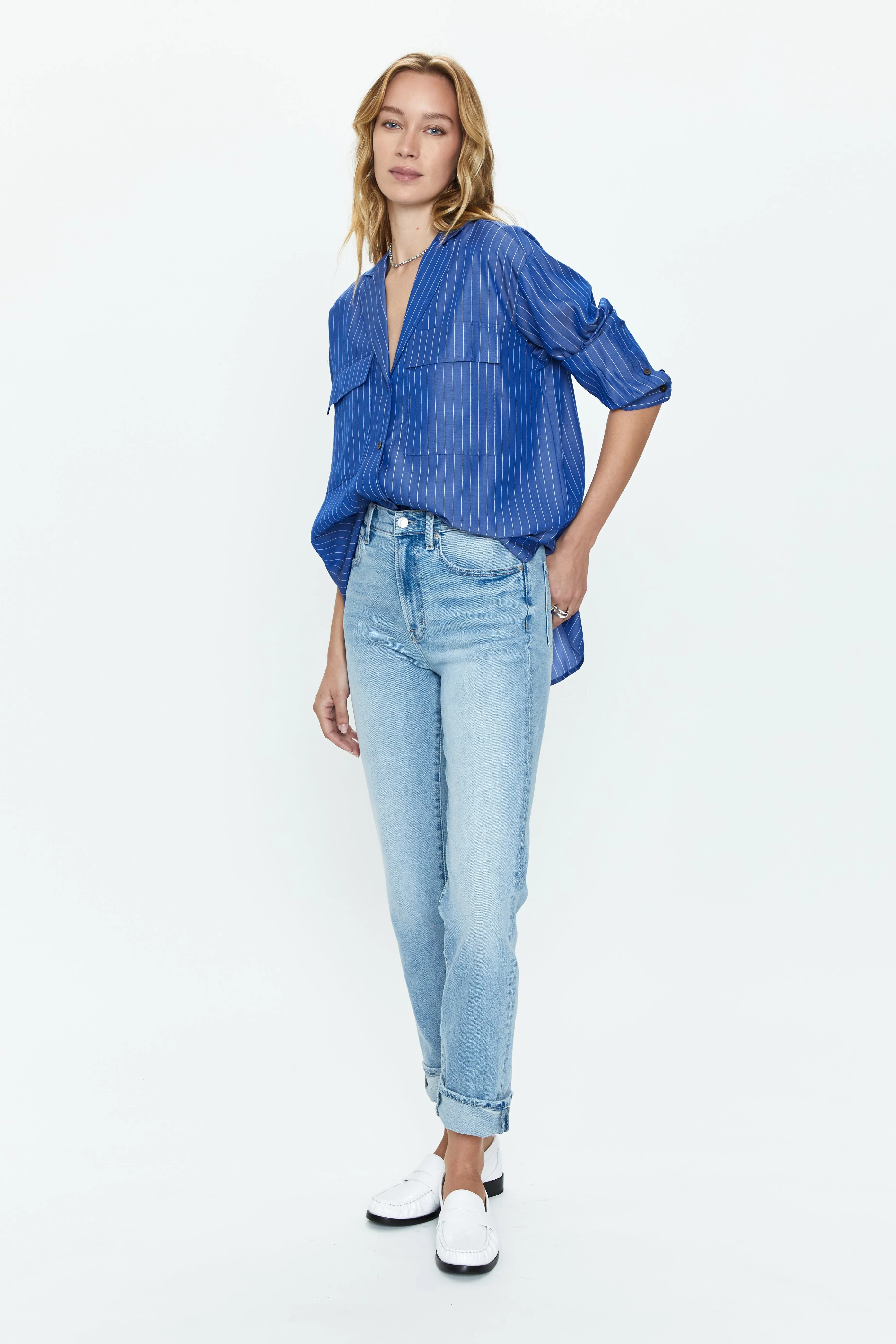 Irene Effortless Button Down Shirt - Dark Blue Pinstripe sold by pistola product image thumbnail 5