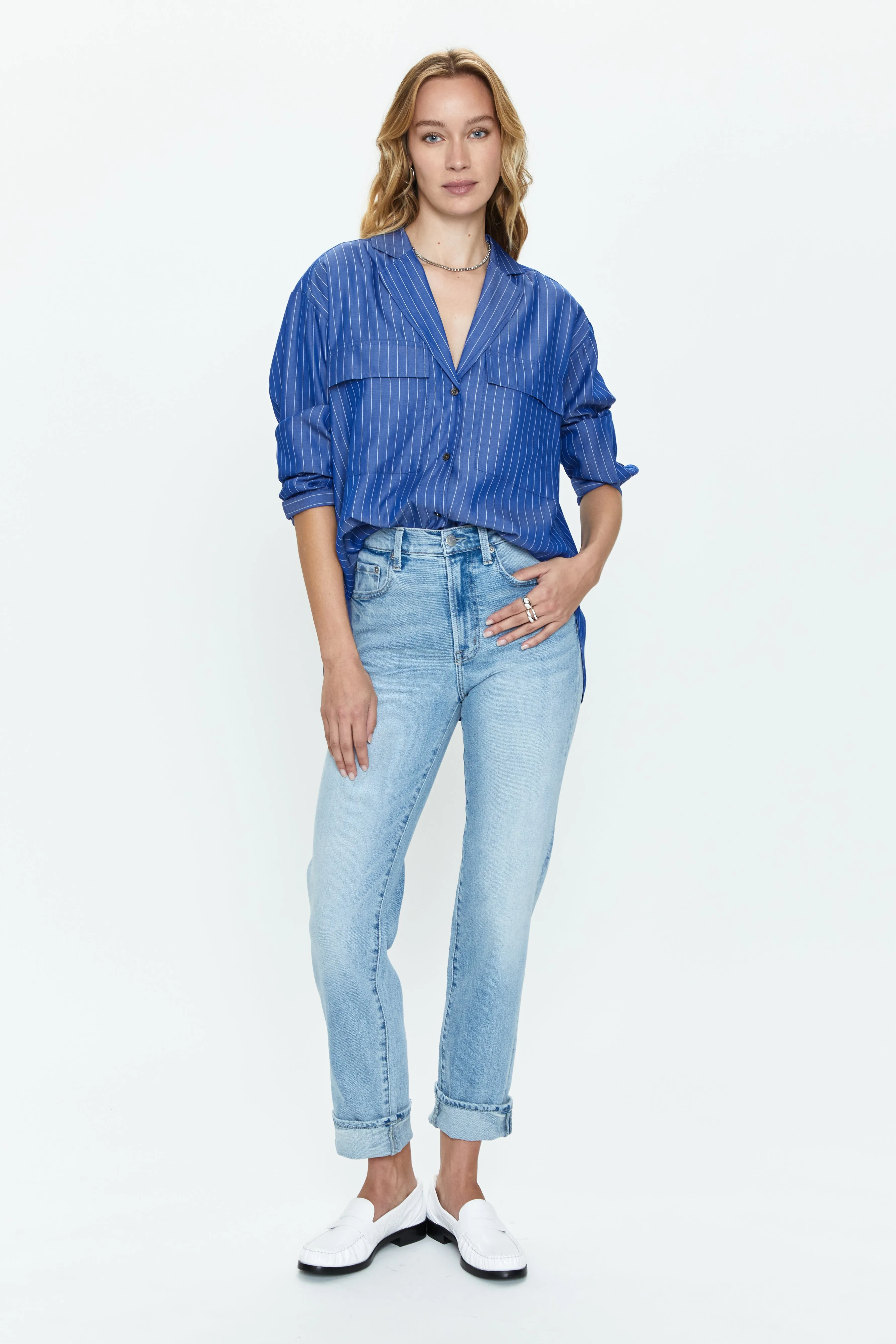 Irene Effortless Button Down Shirt - Dark Blue Pinstripe sold by pistola product image thumbnail 2