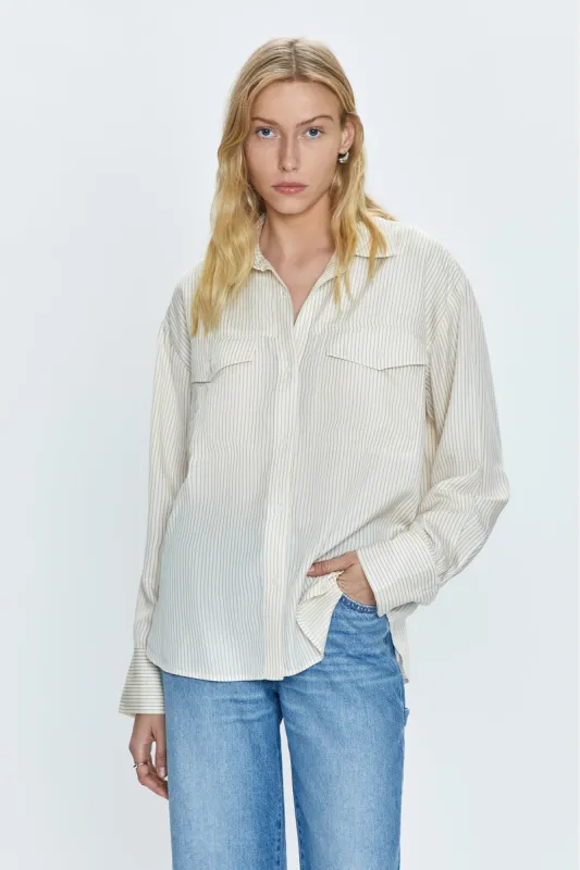 Nellie Oversized Shirt - Tan Pinstripe sold by pistola