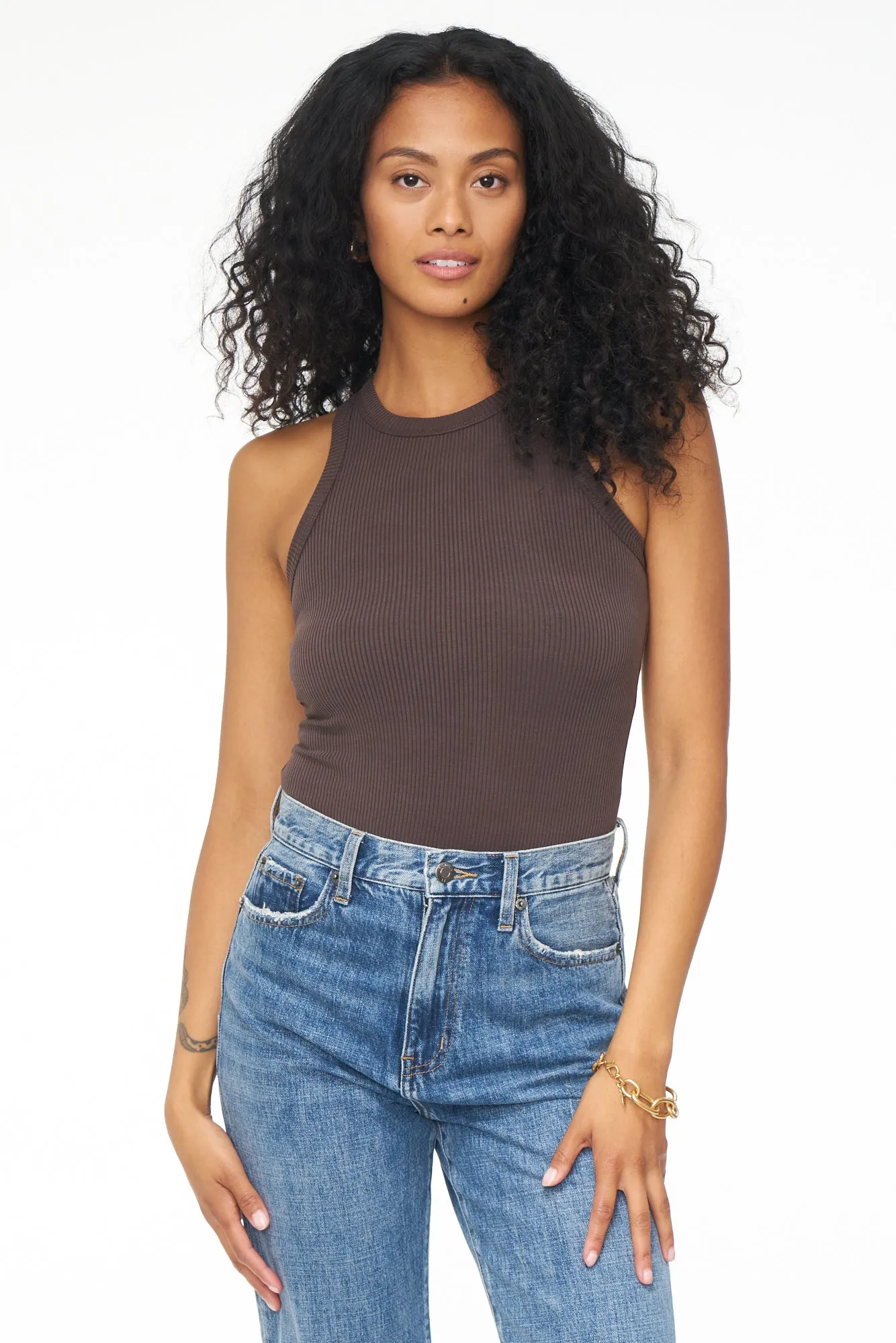 Blake Sleeveless Crew Neck Thong Bodysuit - Chocolate sold by pistola
