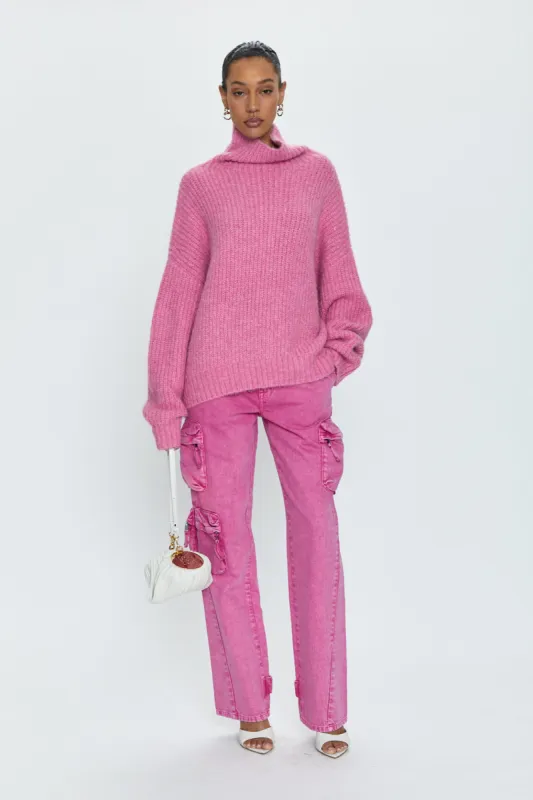 Bobbie Utility Mid Rise Loose Straight Cargo Jean - Pink Garnet Snow sold by pistola