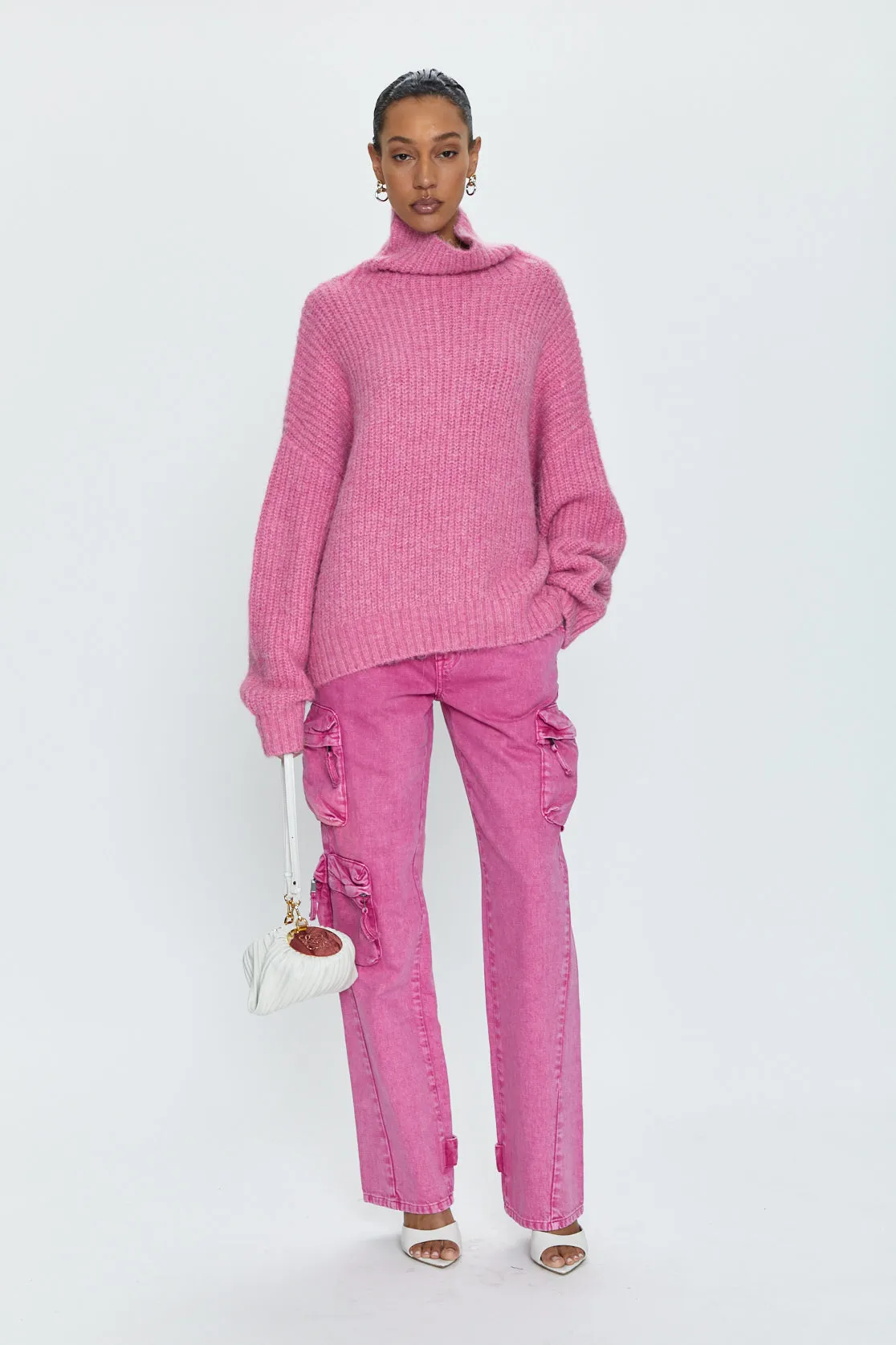 Bobbie Utility Mid Rise Loose Straight Cargo Jean - Pink Garnet Snow sold by pistola