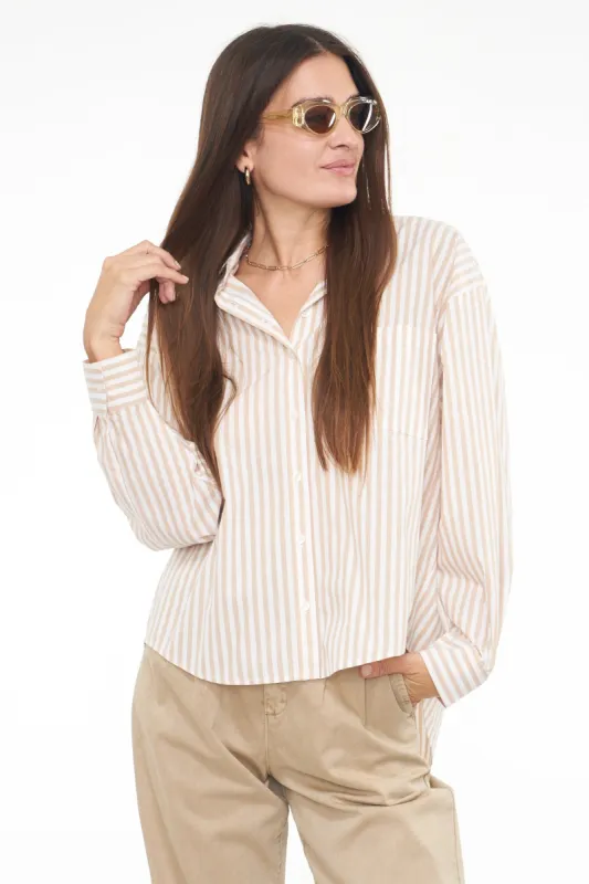 Sloane Oversized Button Down Shirt - Tan Ecru Stripe sold by pistola