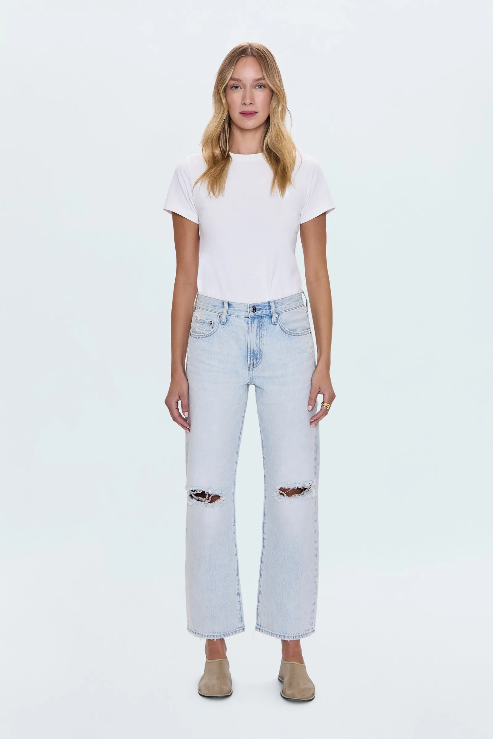 Lexi Mid Rise Bowed Straight Jean - Solstice Distressed sold by Pistola