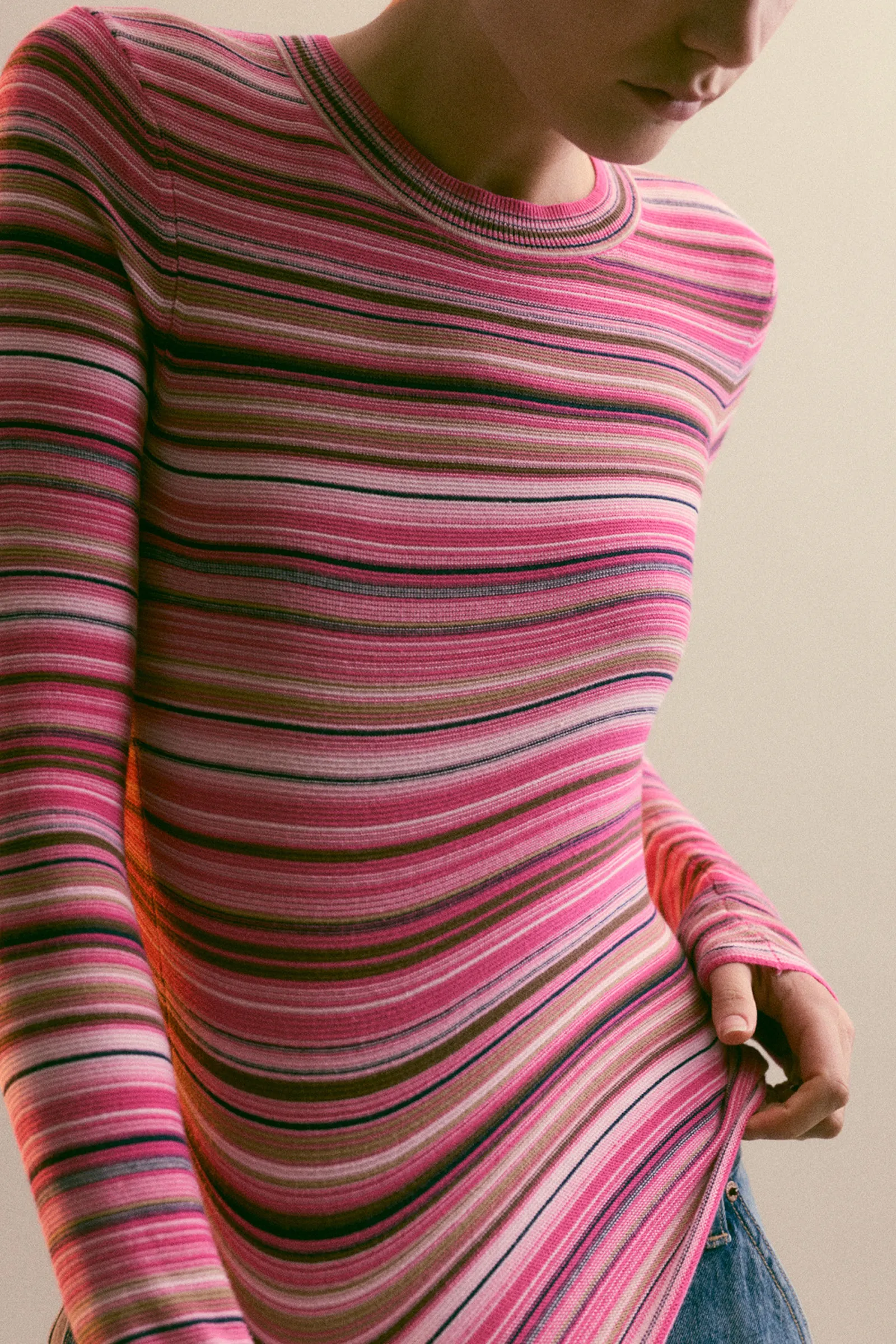 Madison Long Sleeve Crew Neck Sweater - Pink Brown Multi Stripe sold by Pistola product image thumbnail 2