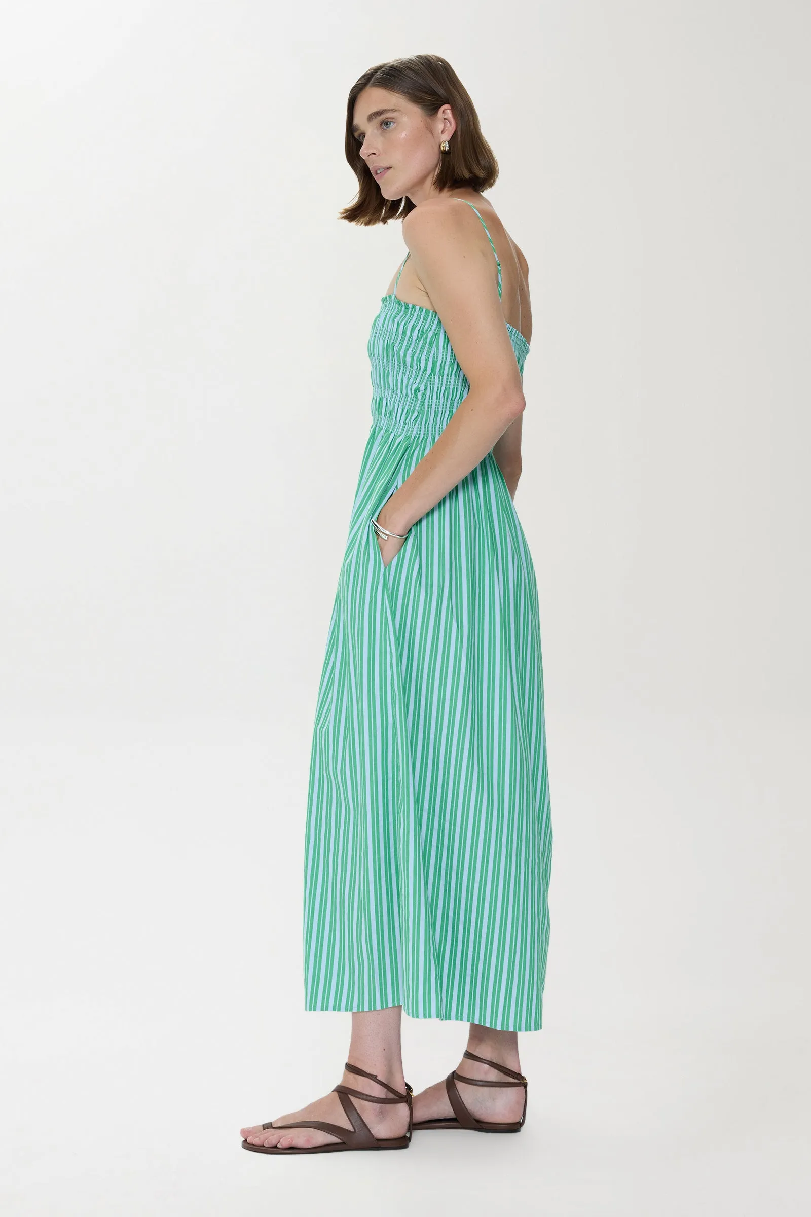 Bianca Shirred Bodice Dress - Green Blue Stripe sold by Pistola product image thumbnail 3