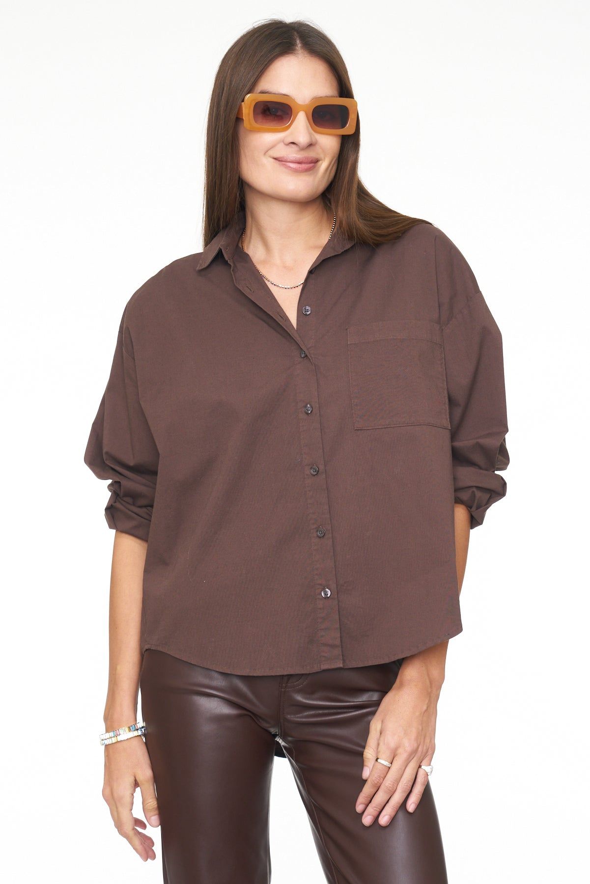 Sloane Long Sleeve Oversized Button Down Shirt - Espresso sold by pistola