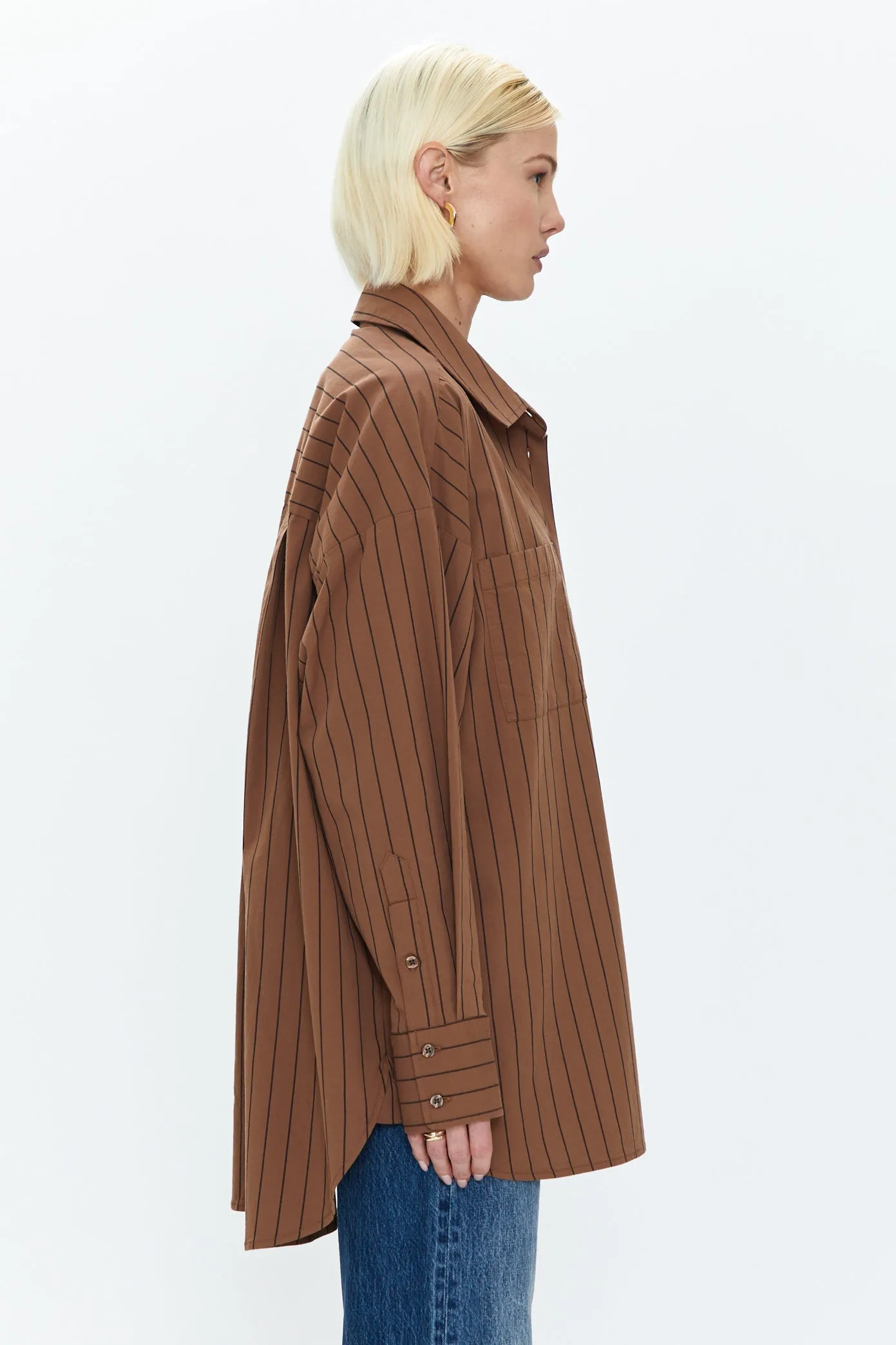 Rena Button Down Tunic Shirt - Chestnut Noir Stripe sold by pistola product image thumbnail 3