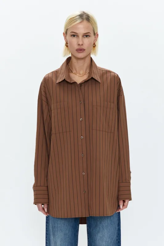 Rena Button Down Tunic Shirt - Chestnut Noir Stripe sold by pistola