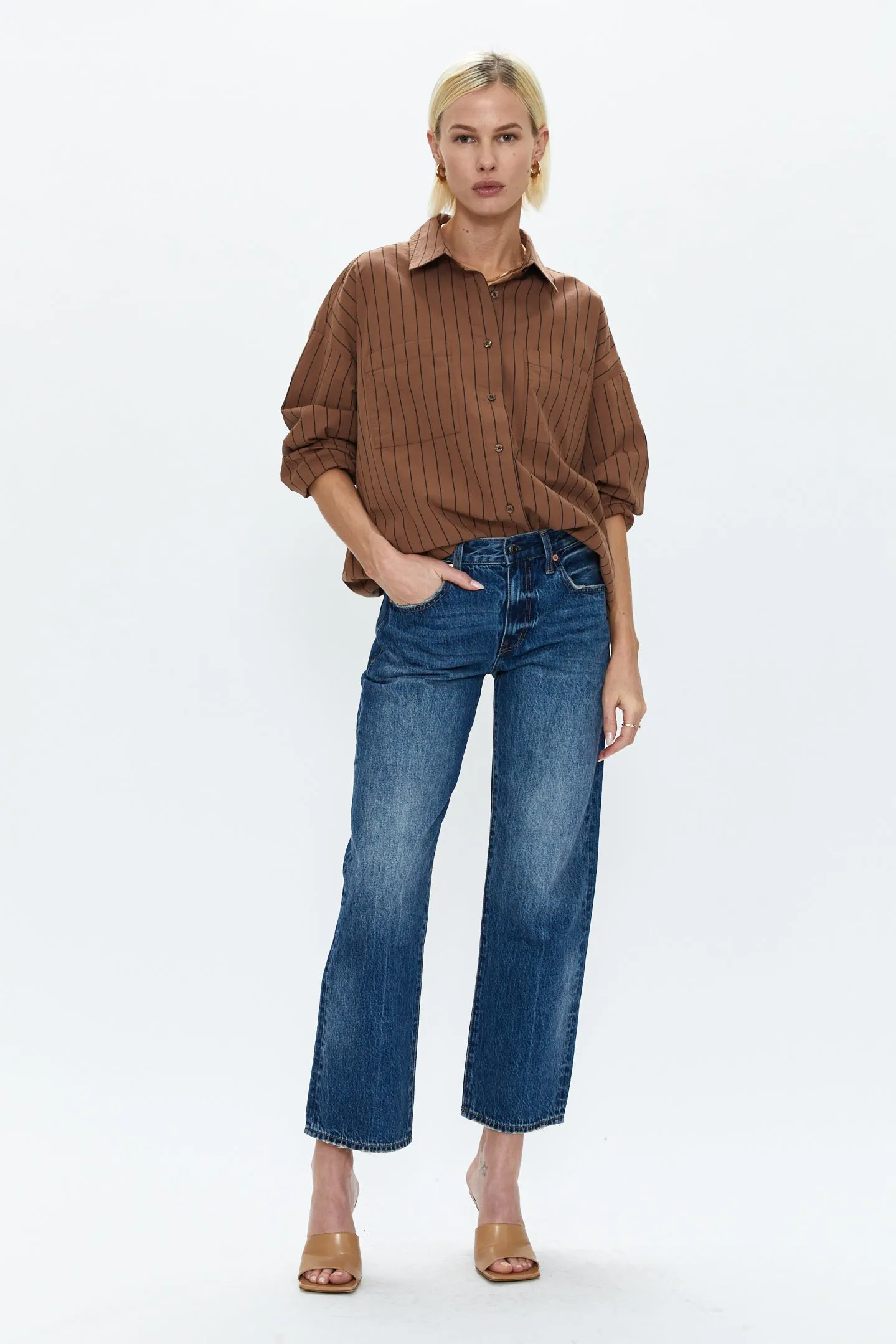 Rena Button Down Tunic Shirt - Chestnut Noir Stripe sold by pistola product image thumbnail 5