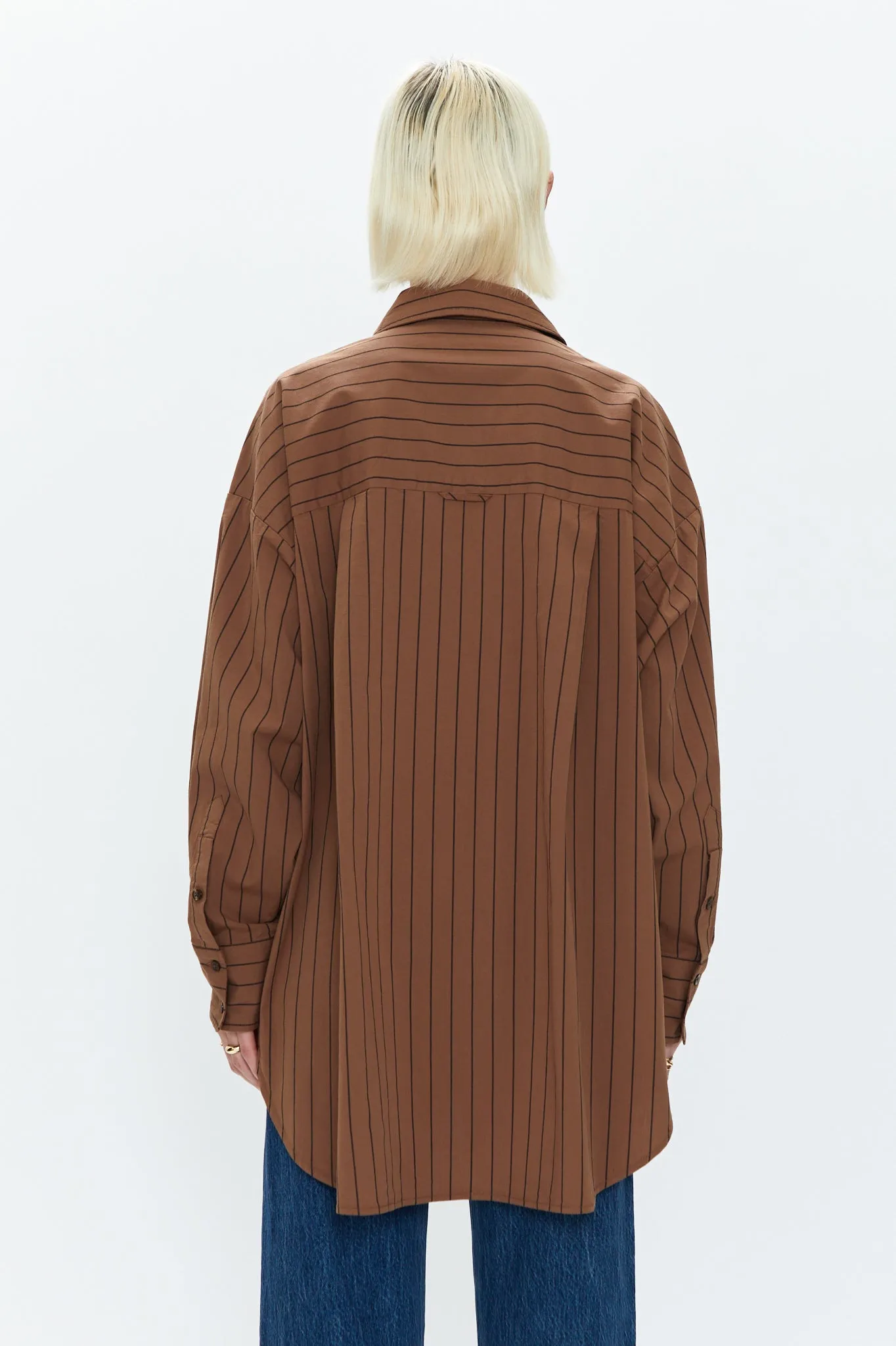 Rena Button Down Tunic Shirt - Chestnut Noir Stripe sold by pistola product image thumbnail 4
