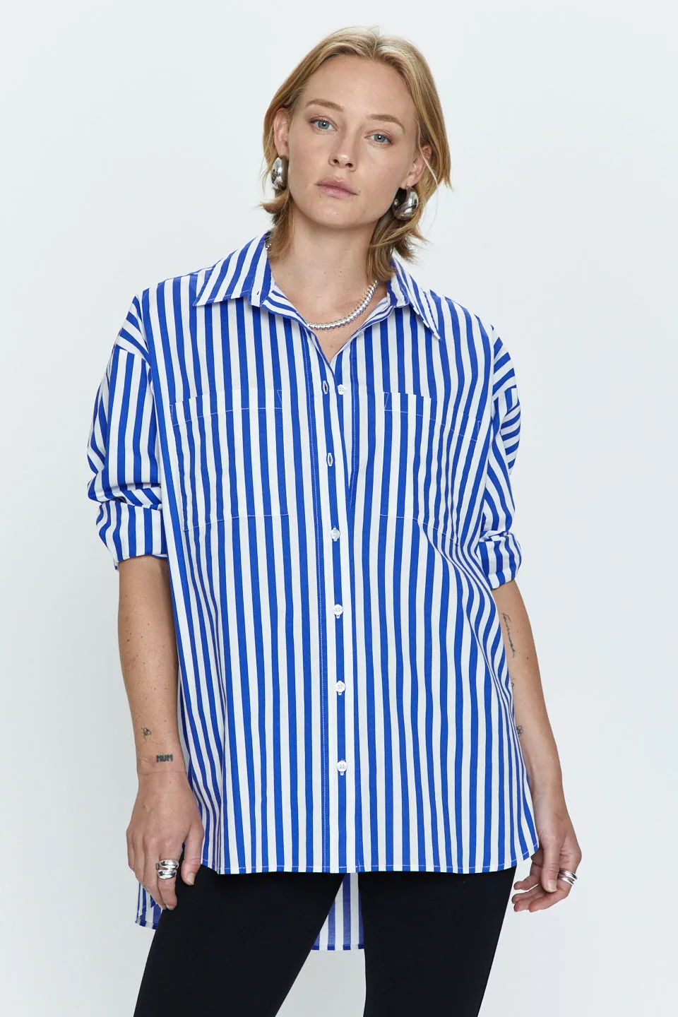 Rena Button Down Tunic Shirt - Cobalt Stripe sold by pistola