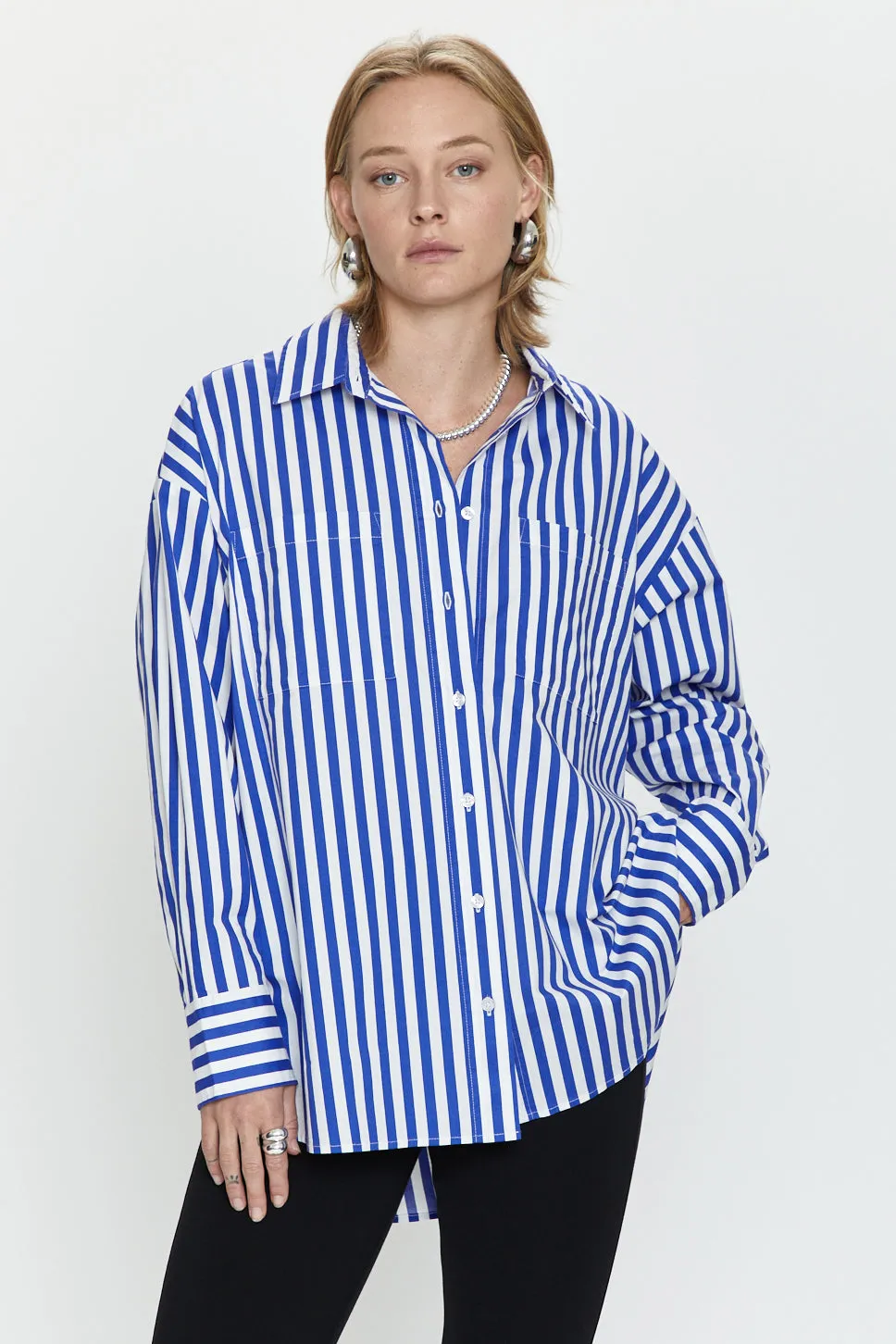 Rena Button Down Tunic Shirt - Cobalt Stripe sold by pistola product image thumbnail 2