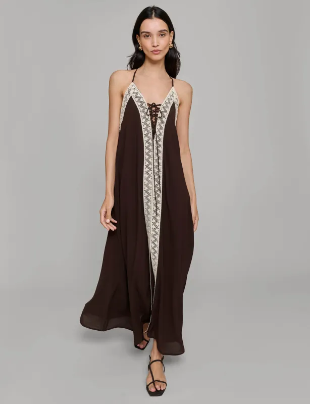 Brown Crochet Panel  Lace Up Dress sold by Pixie Market