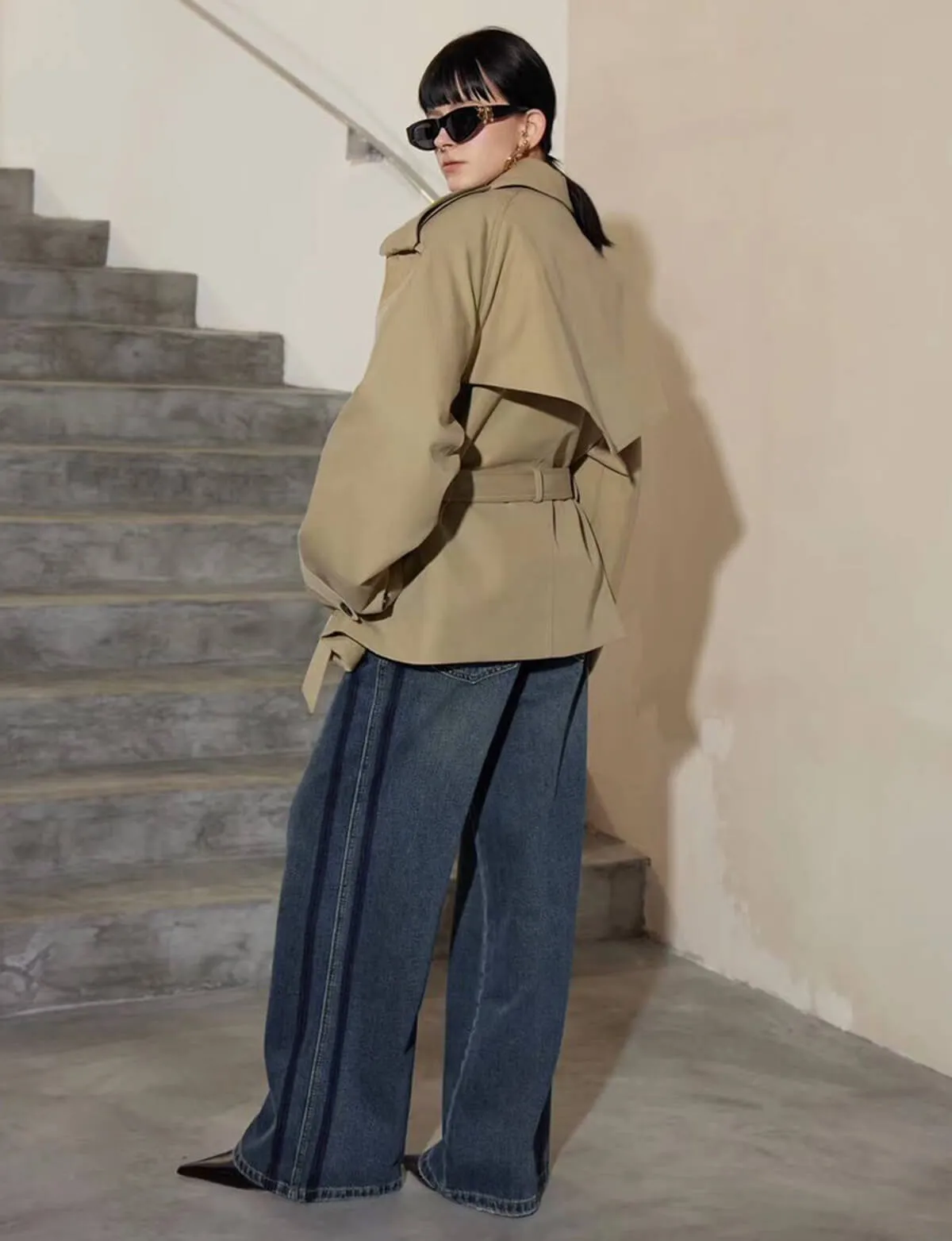 Oversized Cropped Twill Trench Coat | Parallel