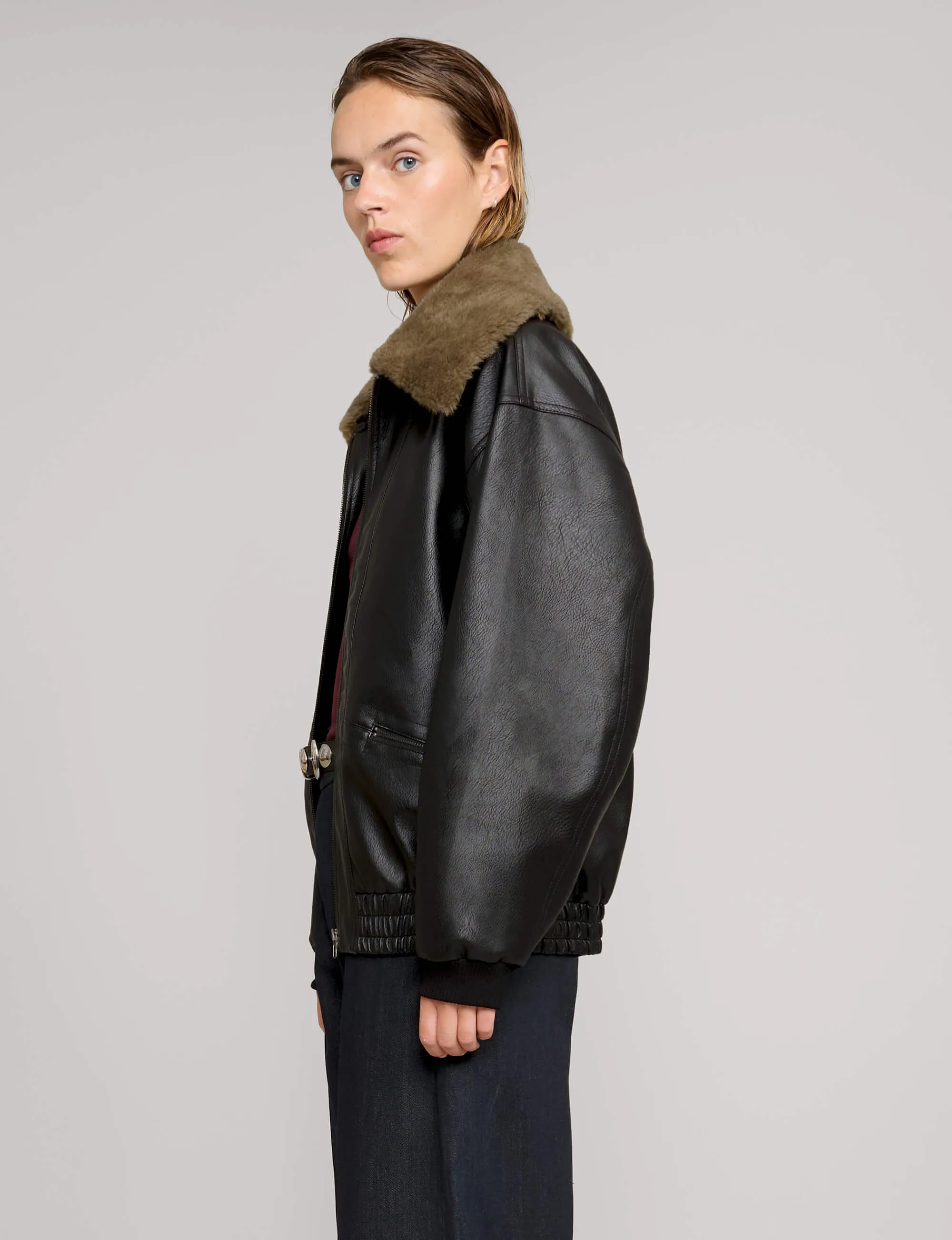 Fur Collar Leather Bomber jacket sold by Pixie Market product image thumbnail 2