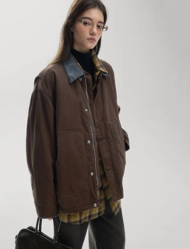Brown Leather-Collar Barn Jacket sold by Pixie Market