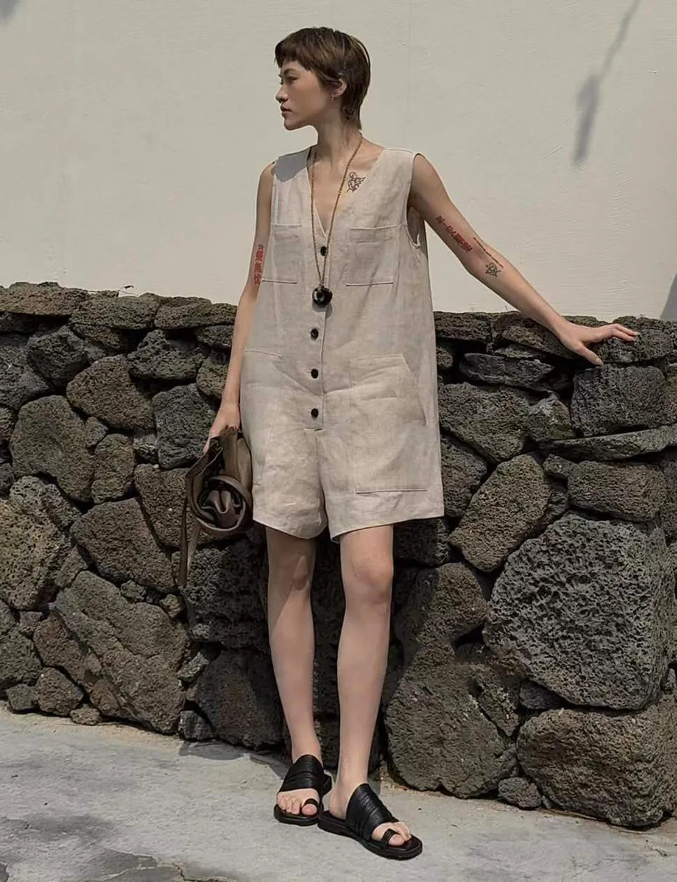 Linen Button Romper-PREORDER sold by Pixie Market product image thumbnail 2