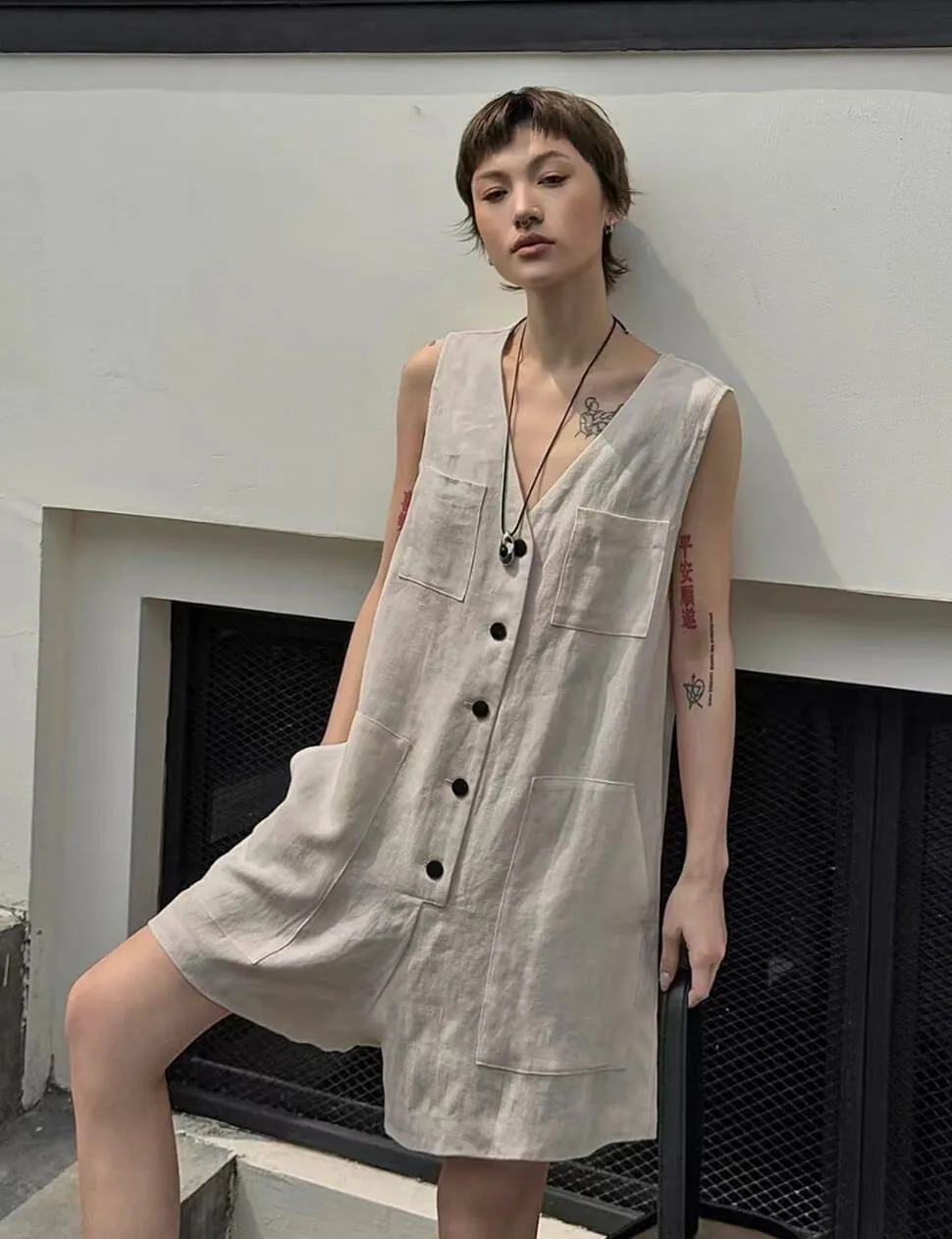 Linen Button Romper-PREORDER sold by Pixie Market product image thumbnail 4