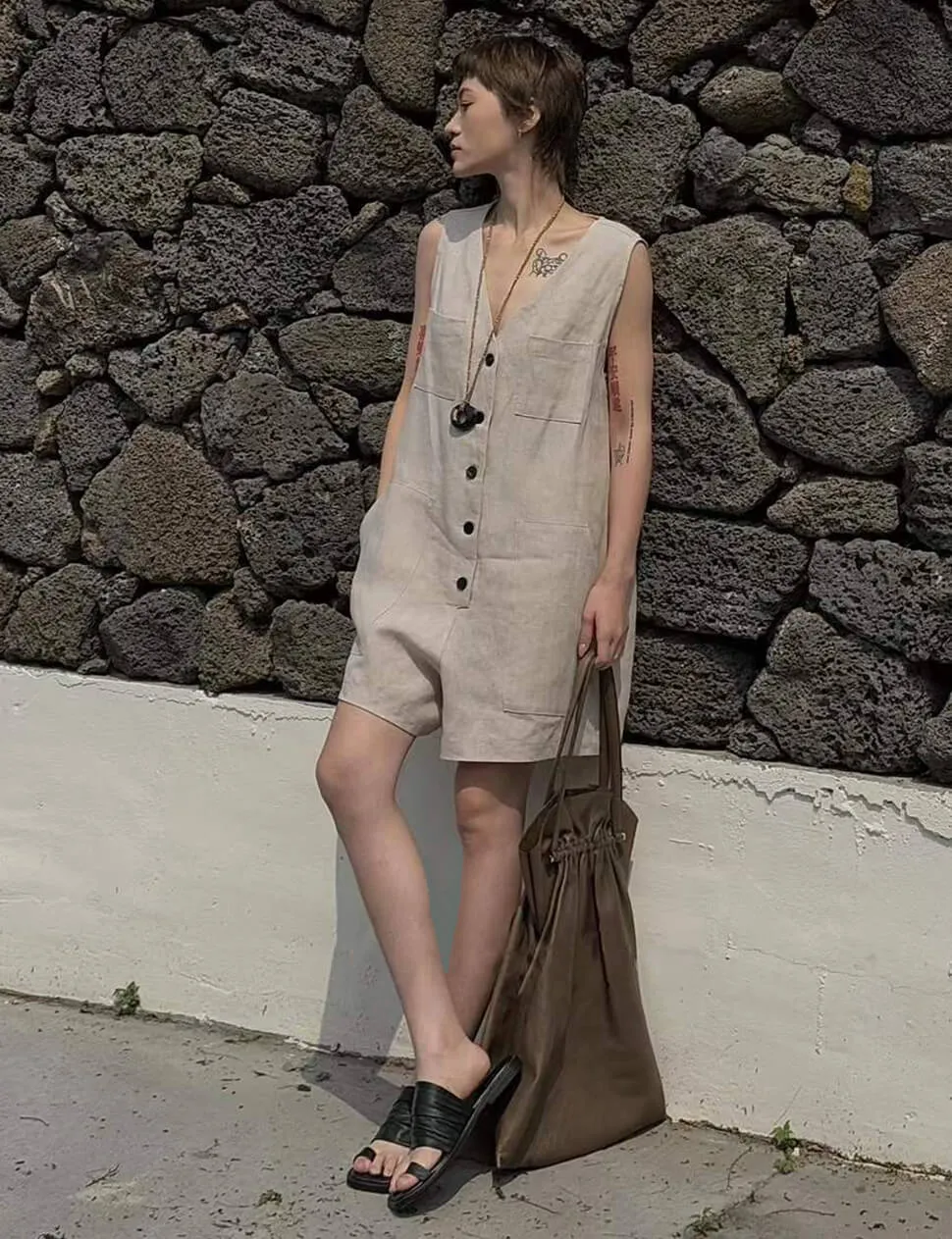 Linen Button Romper-PREORDER sold by Pixie Market