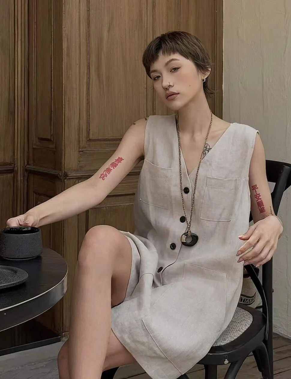 Linen Button Romper-PREORDER sold by Pixie Market product image thumbnail 5