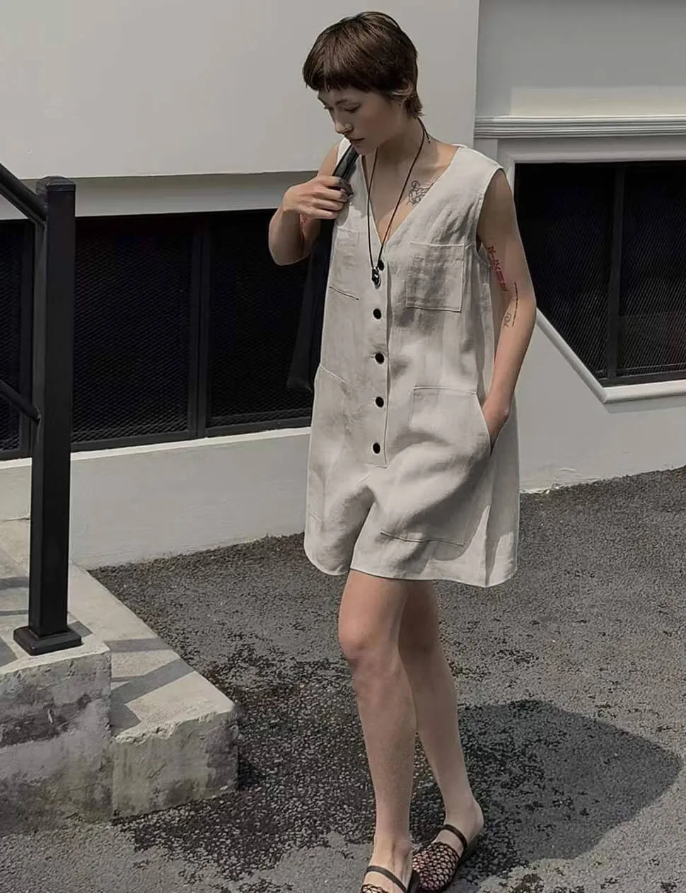 Linen Button Romper-PREORDER sold by Pixie Market product image thumbnail 3
