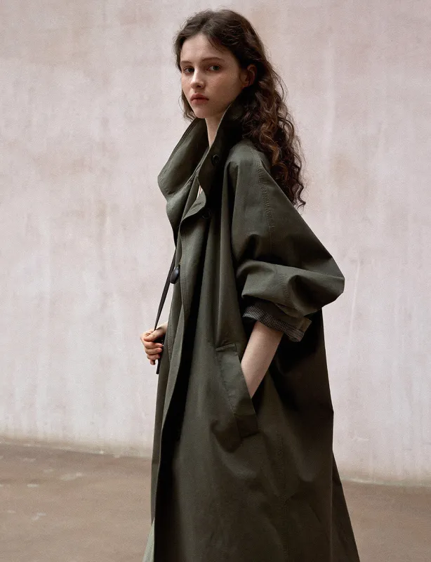 Olive-Stand Collar Long Trench Jacket sold by Pixie Market
