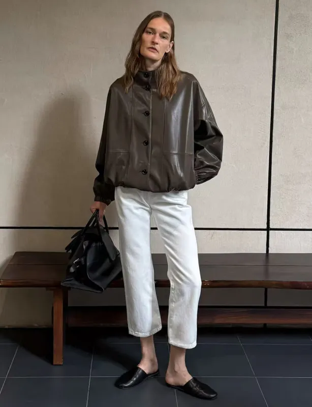 Brown Funnel Neck Leather Bomber Jacket-PREORDER sold by Pixie Market